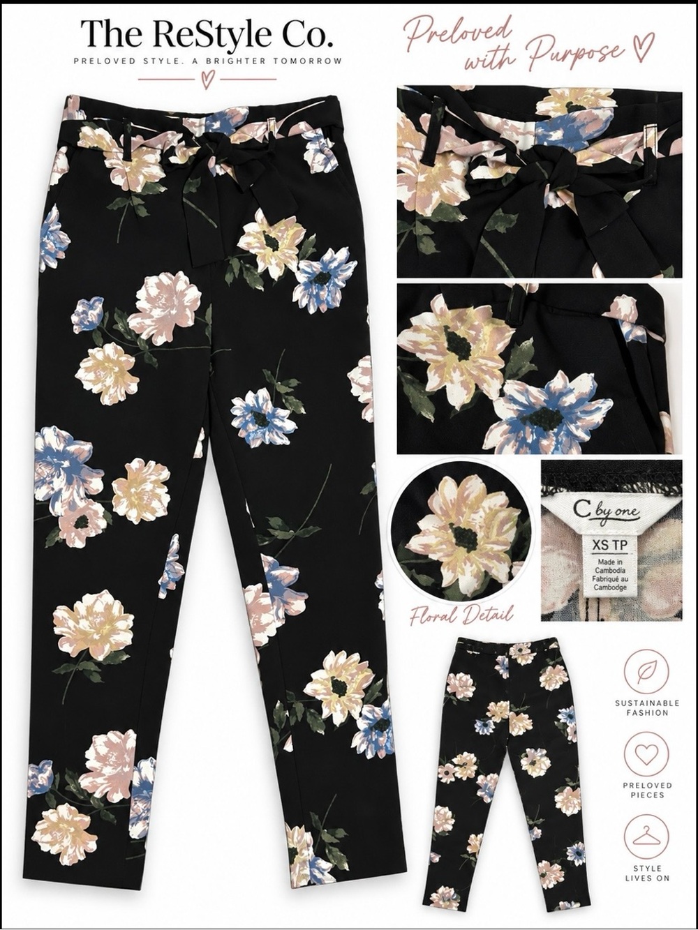 C by One Black Floral Tie-Waist Cropped pants - XS